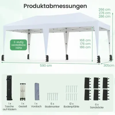 3 x 6 m výklopný altánok s prenosnou taškou na kolieskach a UV ochranou, párty stan 50+, biely