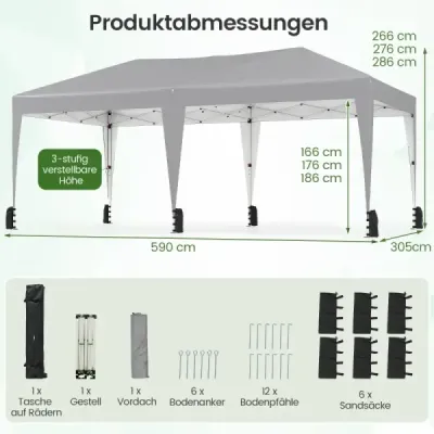 Rozkladací altánok 3 x 6 m s prenosnou taškou na kolieskach a UV ochranou, párty stan 50+, sivý