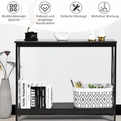 Úzky konzolový stolík v tvare X s 2 policami 100 x 30 x 80 cm čierny Úzky konzolový stolík v tvare X s 2 policami 100 x 30 x 80 cm čierny