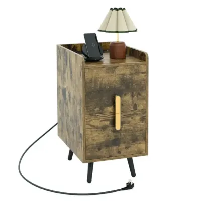 Nočná skrinka s nabíjacou stanicou Úzka nočná skrinka s 2 zásuvkami a USB portami 40 x 32 x 60 cm Rustikálna hnedá