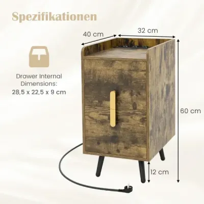 Nočná skrinka s nabíjacou stanicou Úzka nočná skrinka s 2 zásuvkami a USB portami 40 x 32 x 60 cm Rustikálna hnedá