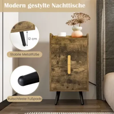 Nočná skrinka s nabíjacou stanicou Úzka nočná skrinka s 2 zásuvkami a USB portami 40 x 32 x 60 cm Rustikálna hnedá
