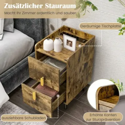 Nočná skrinka s nabíjacou stanicou Úzka nočná skrinka s 2 zásuvkami a USB portami 40 x 32 x 60 cm Rustikálna hnedá