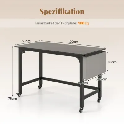 Stôl s kolieskami Počítačový stôl s odnímateľnou textilnou taškou a háčikom na slúchadlá 120 x 60 x 75 cm čierny Stôl s kolieskami Počítačový stôl s odnímateľnou textilnou taškou a háčikom na slúchadlá 120 x 60 x 75 cm čierny