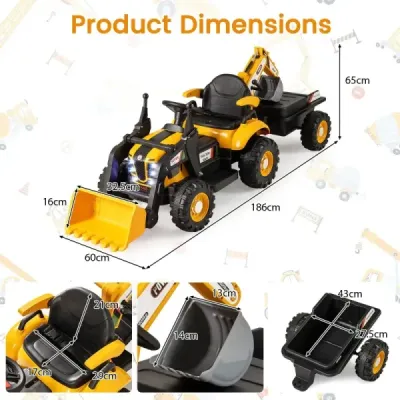Elektrický traktor s prívesom, lopatou a diaľkovým ovládaním, 12V sedadlo traktora, bager, žltý