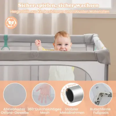 Skladacia detská ohrádka s 50 loptičkami, 4 rúčkami a zipsovou bránkou, sivá