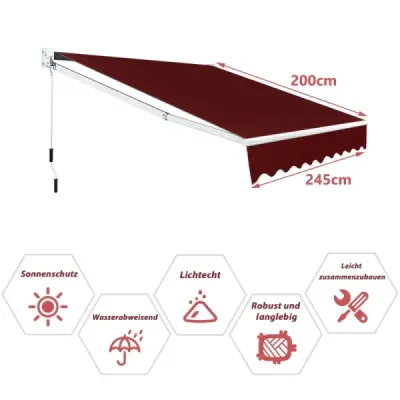 Markíza s kĺbovým ramenom 2,5 x 2 m s materiálom odolným voči UV žiareniu a vode a markíza s kľukou vo vínovočervenej farbe