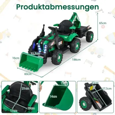 Elektrický traktor s prívesom, lopatou a diaľkovým ovládaním, 12V sedadlo traktora, bager, zelený