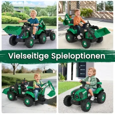 Elektrický traktor s prívesom, lopatou a diaľkovým ovládaním, 12V sedadlo traktora, bager, zelený