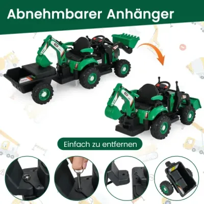 Elektrický traktor s prívesom, lopatou a diaľkovým ovládaním, 12V sedadlo traktora, bager, zelený
