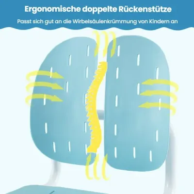 Výškovo nastaviteľná detská stolička, detská kancelárska stolička, detská študijná stolička s dvojitou opierkou chrbta, modrá