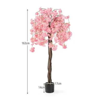 Umelý čerešňový kvet v kvetináči, umelá kvetinová rastlina s ružovými kvetmi 163 cm
