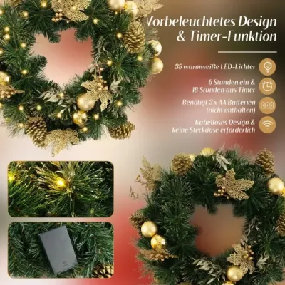 60 cm umelý vianočný veniec s 35 teplými bielymi LED diódami, šiškami a bobuľami.