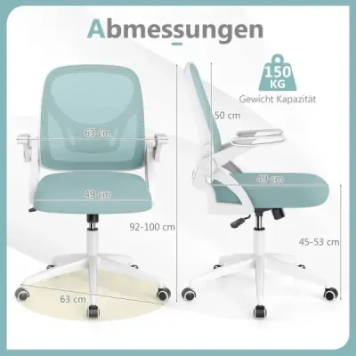 Ergonomická kancelárska stolička so sklápacími podrúčkami a hojdacou funkciou. Kancelárske kreslo v modrej farbe.