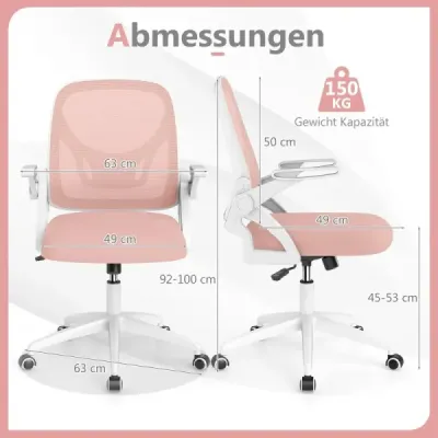 Ergonomická kancelárska stolička so sklápacími podrúčkami a hojdacou funkciou. Ružová kancelárska stolička.