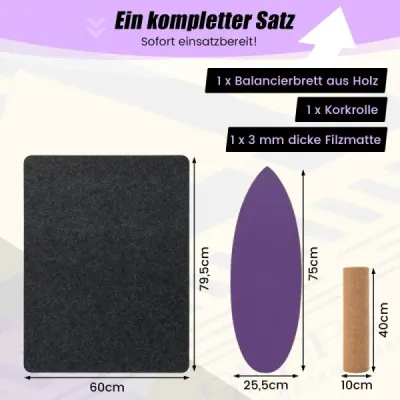 Balančná doska z dreva Balančná doska Balančný trenažér Trickboard na doma vrátane korkového valca Fialová