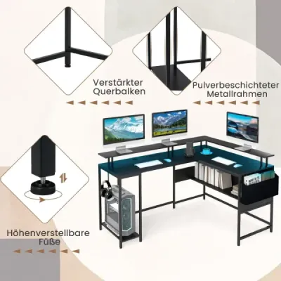 Herný stôl v tvare L s LED osvetlením a zásuvkami, počítačový stôl so stojanom na monitor, čierny Herný stôl v tvare L s LED osvetlením a zásuvkami, počítačový stôl so stojanom na monitor, čierny