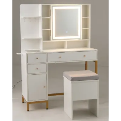 Toaletný stolík s osvetleným zrkadlom, sada kozmetického stolíka a stoličky, 3-farebné LED svetlá, zrkadlová skrinka, biela