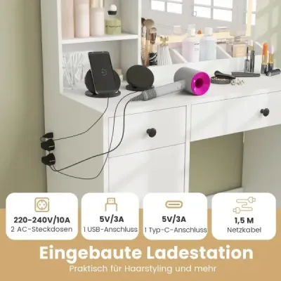 Toaletný stolík so stoličkou a zrkadlom LED a zásuvkami Súprava toaletného stolíka Kozmetický stolík biely