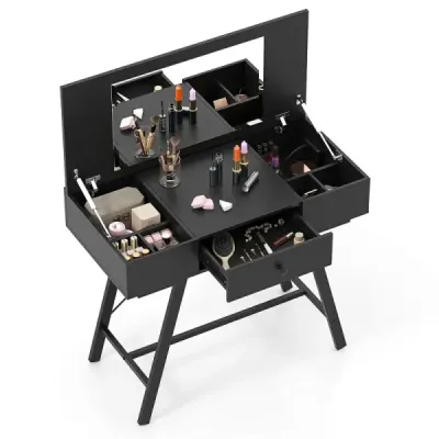 Toaletný stolík s veľkým zrkadlom a nabíjacou stanicou a výklopným vekom a zásuvkou Kozmetický stolík čierny