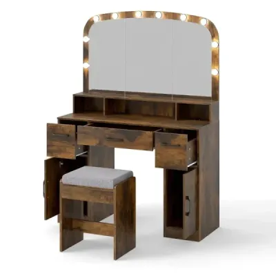Toaletný stolík so stoličkou na líčenie a zrkadlom LED s 3 farbami svetla a nabíjacou stanicou Toaletný stolík hnedý