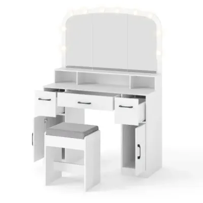 Toaletný stolík so stoličkou na líčenie a zrkadlom LED s 3 farbami svetla a nabíjacou stanicou Toaletný stolík biely