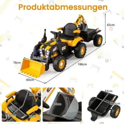 Elektrický traktor s prívesom, lopatou a diaľkovým ovládaním, 12V sedadlo traktora, bager, žltý
