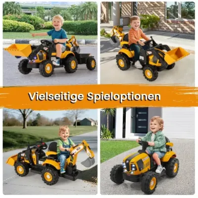 Elektrický traktor s prívesom, lopatou a diaľkovým ovládaním, 12V sedadlo traktora, bager, žltý