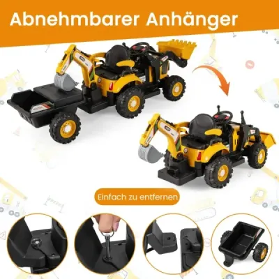 Elektrický traktor s prívesom, lopatou a diaľkovým ovládaním, 12V sedadlo traktora, bager, žltý
