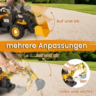 Elektrický traktor s prívesom, lopatou a diaľkovým ovládaním, 12V sedadlo traktora, bager, žltý