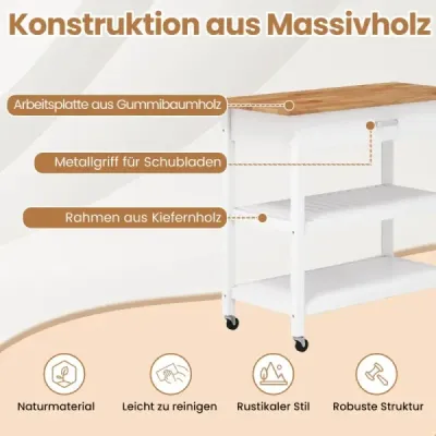 Mobilný kuchynský ostrovček s pracovnou doskou a zásuvkou Kuchynský vozík 3-poschodový kuchynský vozík Biely
