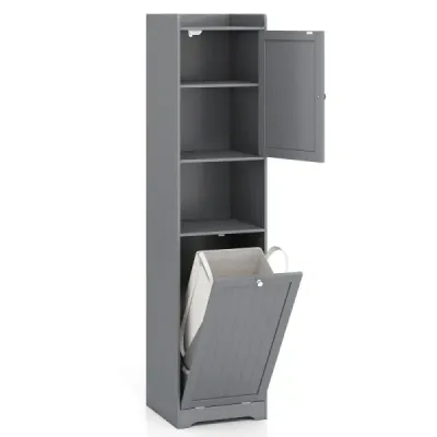 170 cm kúpeľňová skrinka, vysoká a úzka, veža na bielizeň s úložným priestorom, nastaviteľná polica, vrecko na bielizeň, sivá