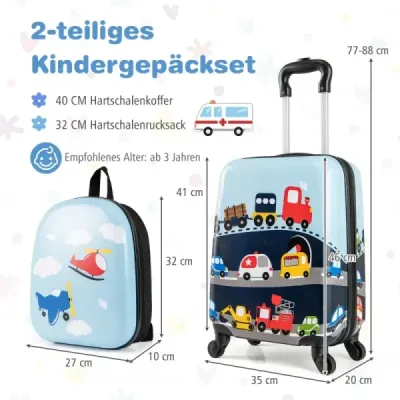 2-dielna sada detských kufrov, detská batožina s kolieskami, 16" príručná batožina a 13" batoh s pevnou škrupinou, modrá transportná