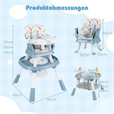 Konvertibilná vysoká stolička 16 v 1 s odnímateľným podnosom a 5-bodovým bezpečnostným pásom Sada stola a stoličky modrá