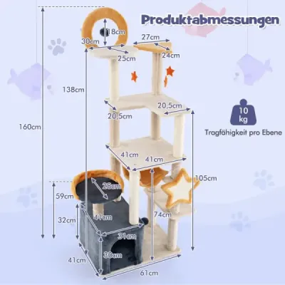 160 cm škrabadlo so sisalovým škrabadlom, doskou a domčekom Viacposchodový strom pre mačky Veža pre mačky