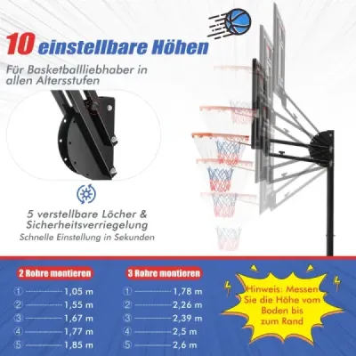 Výškovo nastaviteľný basketbalový stojan 105-260 cm so stojanom a basketbalovým košom na 2 kolieskach