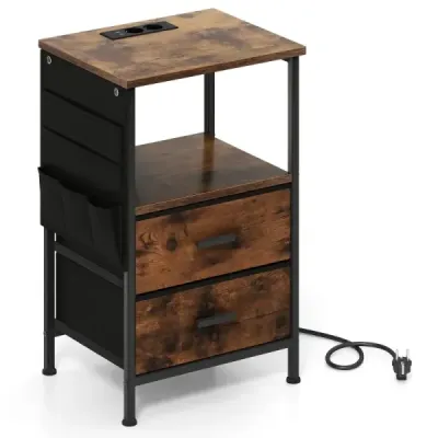 Nočný stolík s nabíjacou stanicou Nočný stolík s 2 skladacími textilnými zásuvkami 6 bočných úložných vreciek Rustikálna hnedá farba