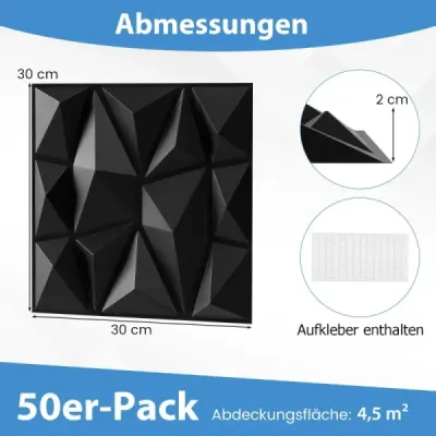 50 kusov 3D nástenných panelov diamant 30 x 30 cm nástenný obklad dekorácia na stenu čierna 4,5m²