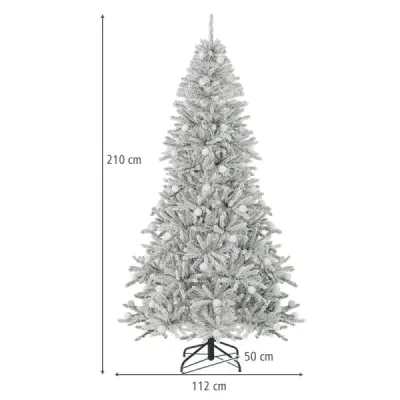 210 cm umelý vianočný stromček posiaty snehom so 65 guľovitými lampami, 350 teplými bielymi LED svetlami a 905 konármi.