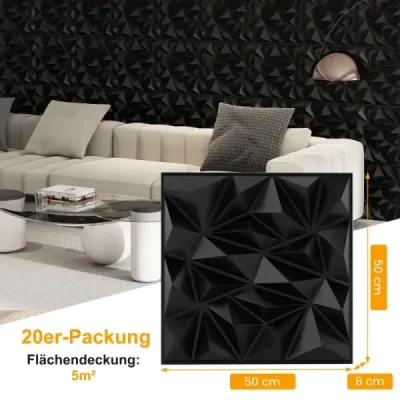 20 kusov 3D nástenných panelov diamant 50 x 50 cm nástenný obklad dekorácia na stenu čierna 5m²
