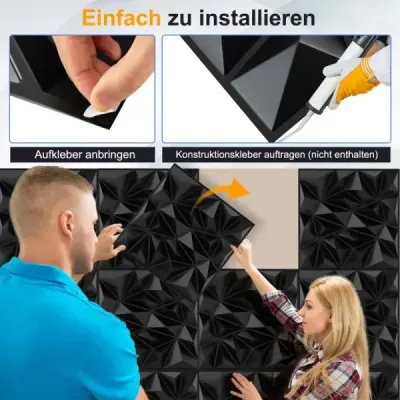 40 kusov 3D nástenných panelov diamant 50 x 50 cm nástenný obklad dekorácia na stenu čierna 10m²