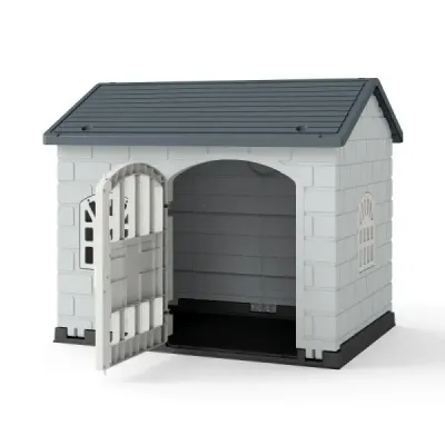 Búda pre psov Plastová búda pre psov odolná voči poveternostným vplyvom s uzamykateľnými dverami, 3 oknami a šikmou strechou pre malé psy, mačky, sivá