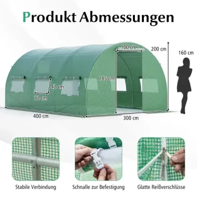 Skleník 4 x 3 x 2m|12m² fóliový skleník s kovovým rámom Skleník so 6 rolovacími oknami zo sieťoviny Zelený