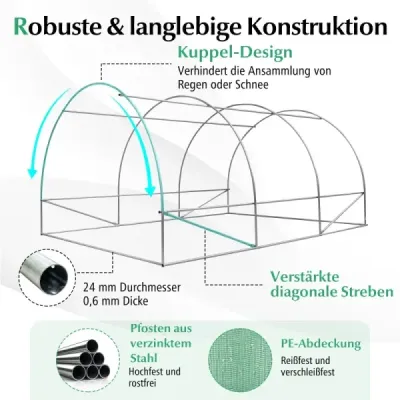 Skleník 4 x 3 x 2m|12m² fóliový skleník s kovovým rámom Skleník so 6 rolovacími oknami zo sieťoviny Zelený