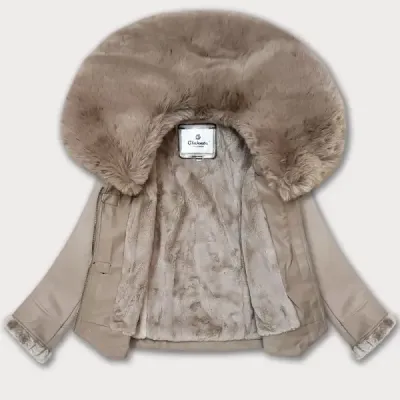 Kožená bunda s kožušinovým golierom Glakate MODA8091 béžová
