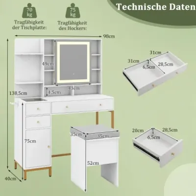 Toaletný stolík s osvetleným zrkadlom, sada kozmetického stolíka a stoličky, 3-farebné LED svetlá, zrkadlová skrinka, biela