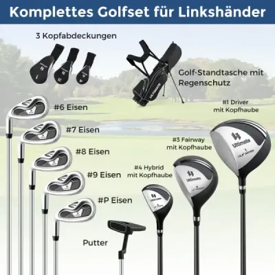 Kompletná sada golfových palíc a tašiek pre ľavákov Prenosný ľahký golfový stojan Black
