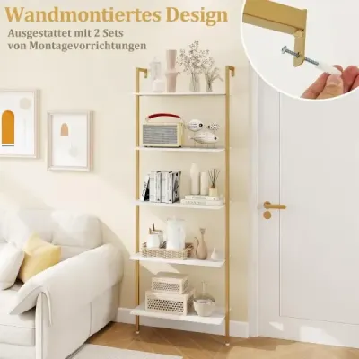 5-stupňový rebríkový regál s kovovým rámom a nastaviteľnými podložkami pod nohy Nástenný regál na knihy