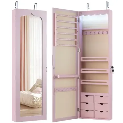 Skrinka na šperky s LED Uzamykateľná nástenná/dverová skrinka na šperky so zrkadlom a 6 zásuvkami Ružová