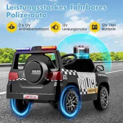 Detské policajné auto, 12V policajné auto s diaľkovým ovládaním, LED blikajúcimi svetlami, čierne